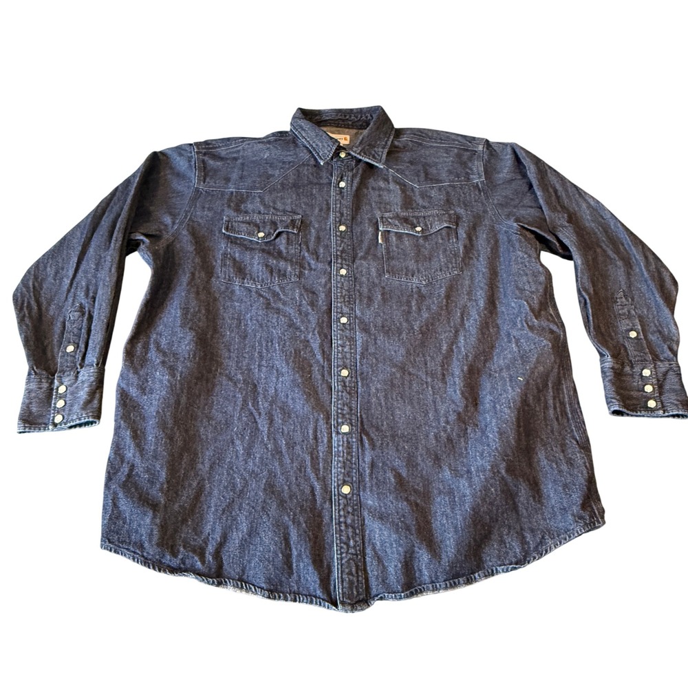 Carhartt Mens 3XL Tall Dark Wash Denim Western Pearl Snap Long Sleeve Shirt